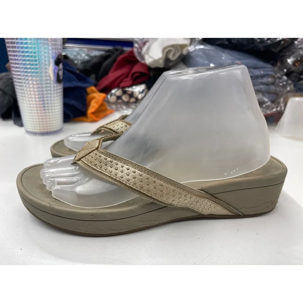 Vionic High Tide Tan Champagne Studded Orthotic Wedge Sandals Womens 9